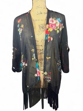 Xhilaration Floral Fringe Kimono Cardigan Boho Sheer Open Front Cover Up S/M
